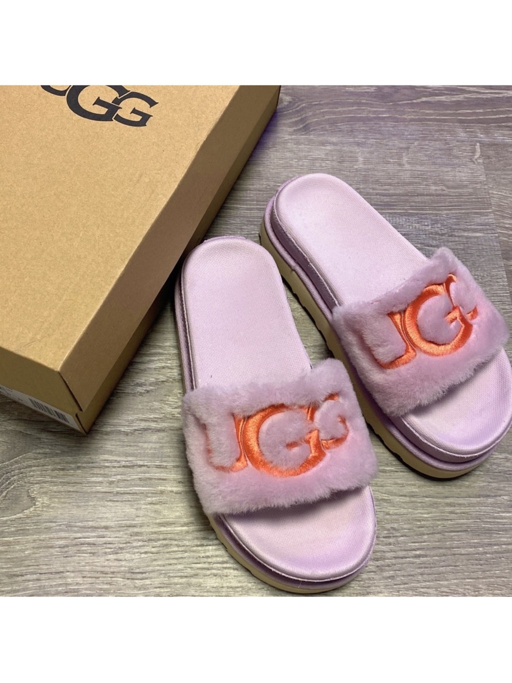 UGG Pink Faux-Fur Logo Slide Sandals with Orange Embroidery